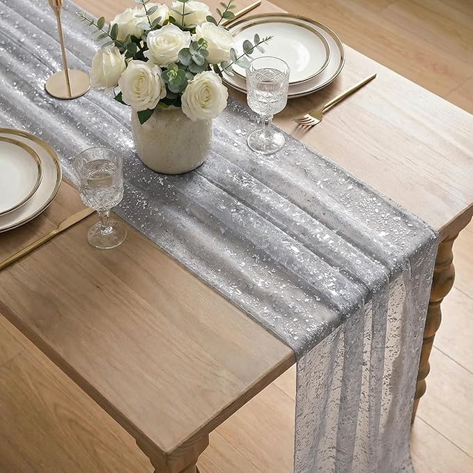 Artoid Mode Grey Gold Gauze Table Runner 120 Inch 10FT, Glitter