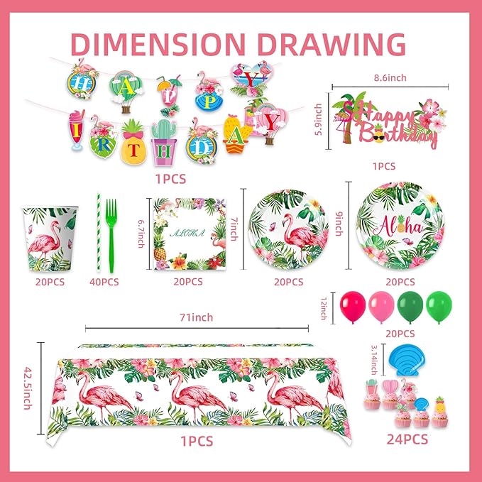 167Pcs Hawaiian Aloha Party Decorations Flamingo Party Plates