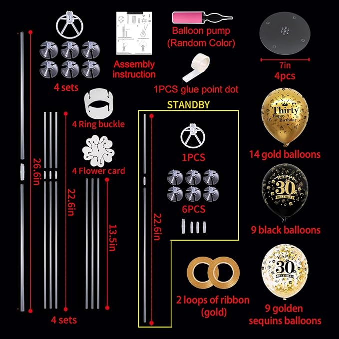 4 Set Black Gold Balloon Stand Kit for Birthday Decorations for 30th