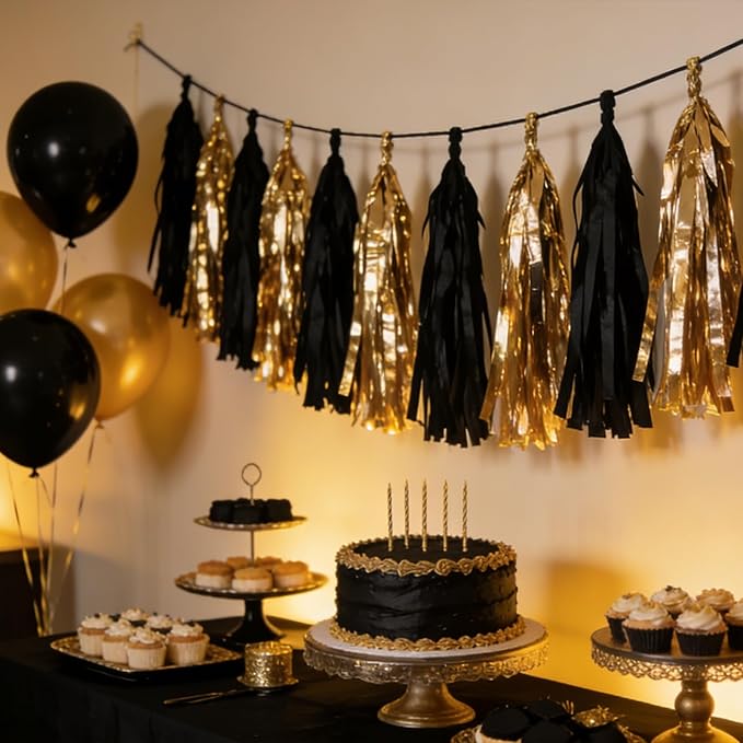 We Moment Black and Gold Tassel Garland，Tissue Tassel Banner for