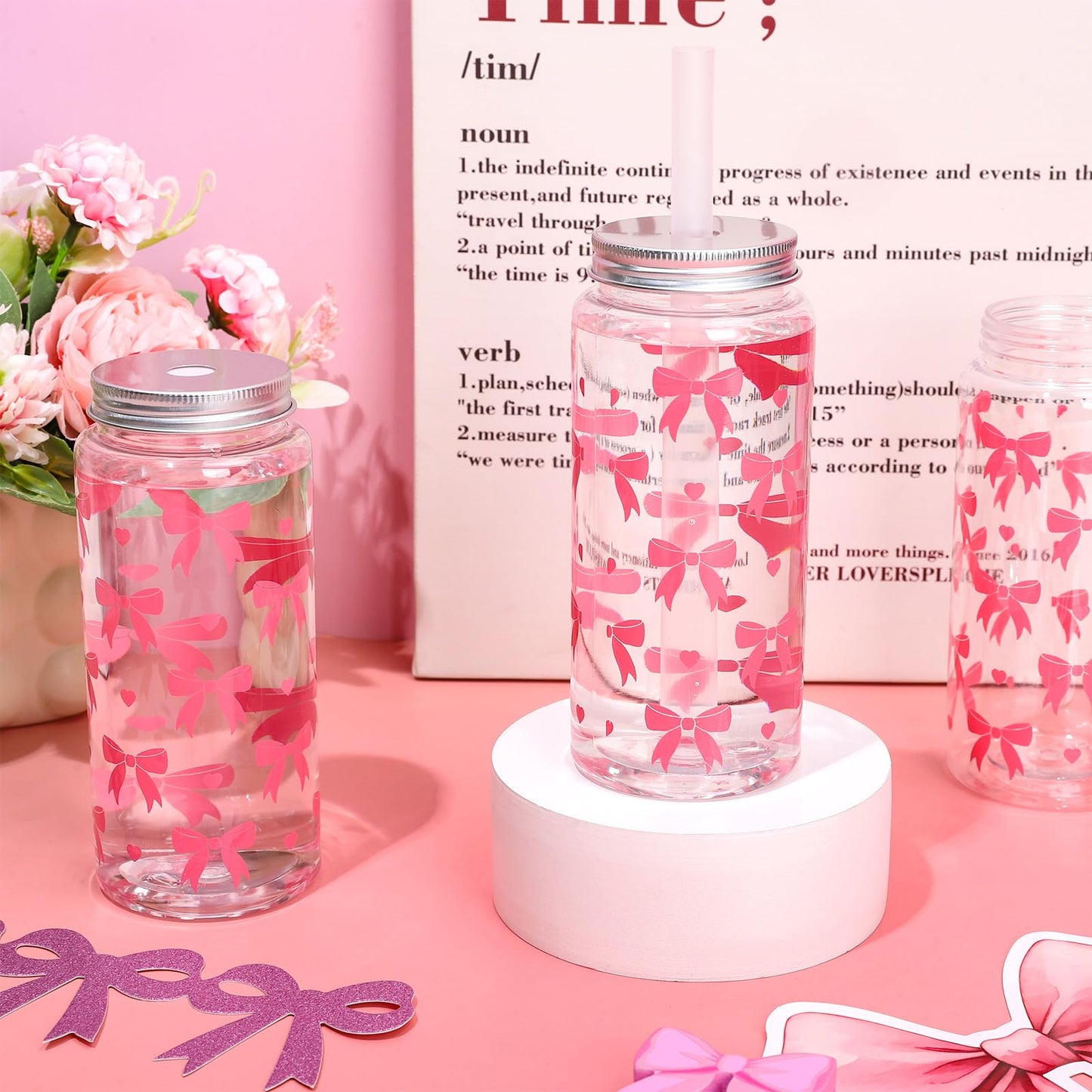Whaline 20Pcs Coquette Pink Bow Plastic Cups with Lids and Straws