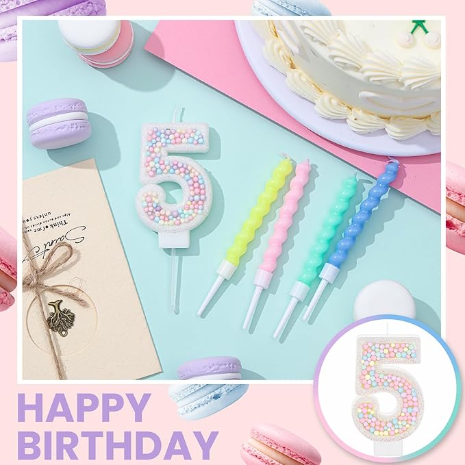 MTLEE Number 5 Birthday Candle with 12 Pcs Spiral Candles for Girls Ma