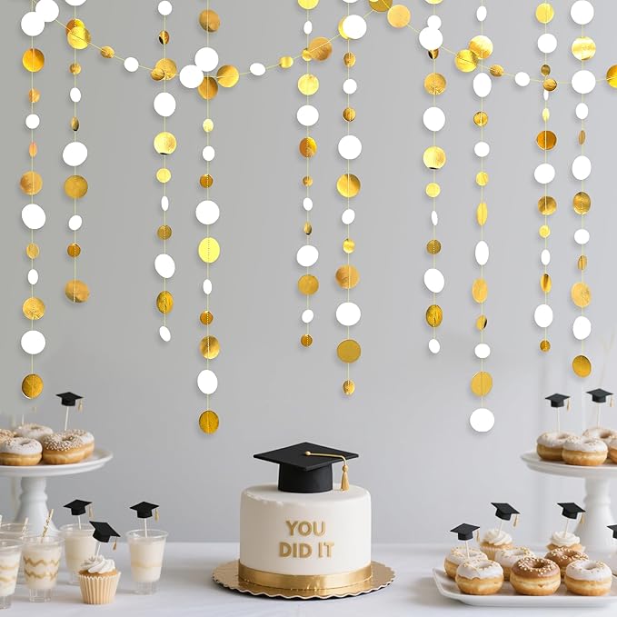 46 Feet White and Gold Circle Dots Garland Hanging Paper Polka Dots