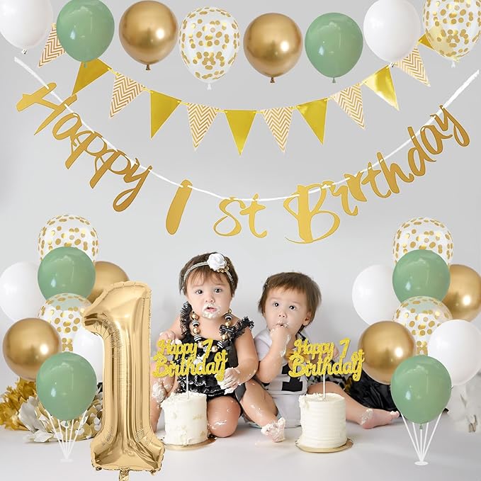 1st Birthday Decorations for Boys Girls Sage Green White Gold
