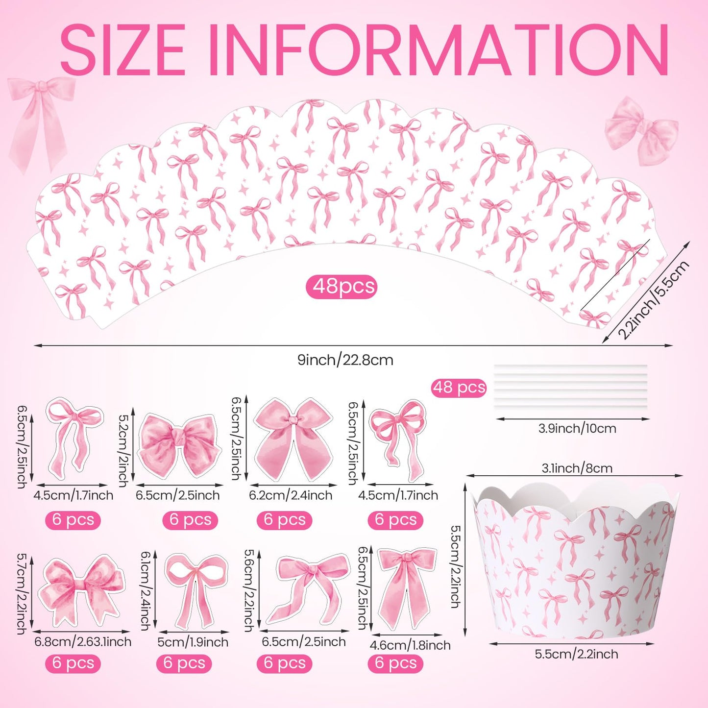 Widecook 96 Pcs Pink Bow Cupcake Toppers and Wrappers Coquette Bow