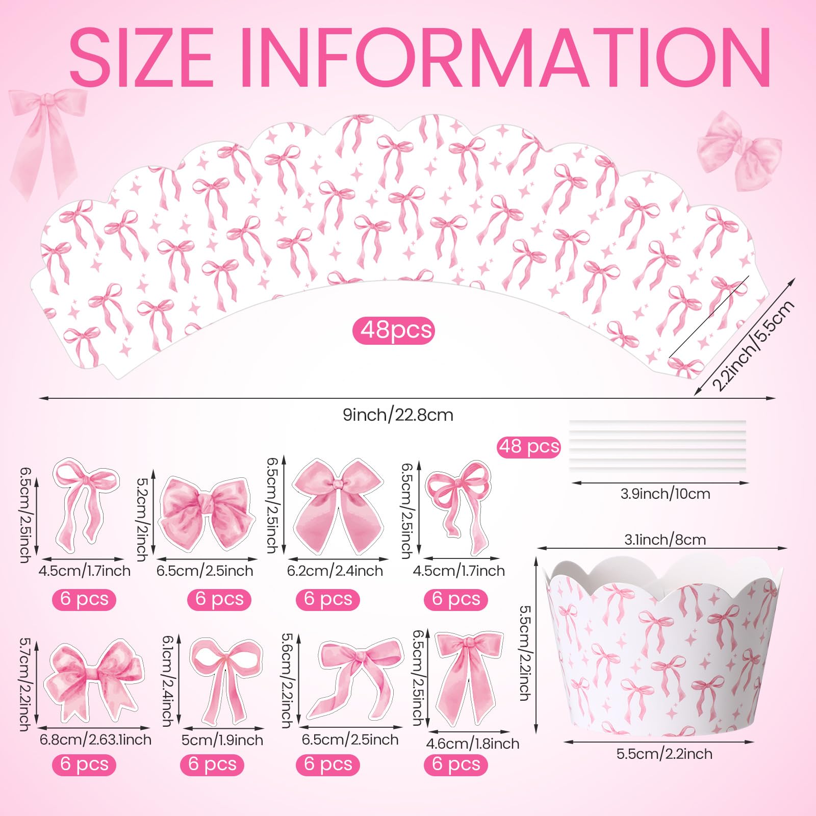 Widecook 96 Pcs Pink Bow Cupcake Toppers and Wrappers Coquette Bow