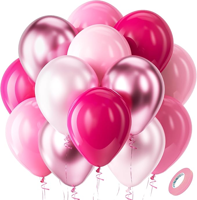 Bezente Pink Balloons Set,60pcs 12 inch Metallic Pearl Pink, Hot &