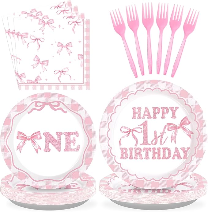 96Pcs Pink Bow 1st Birthday Party Decorations Cute Coquette Birthday
