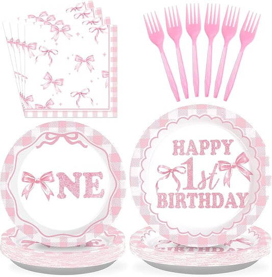 96Pcs Pink Bow 1st Birthday Party Decorations Cute Coquette Birthday