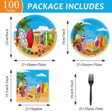 100 Pcs Summer Beach Surfing Party Paper Plates Napkins Supplies for