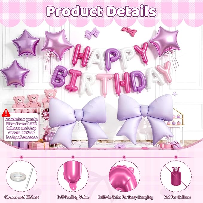 Pink Purple Happy Birthday Balloon, 38Inch Bow Aluminum Foil