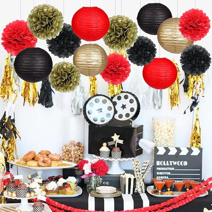 zilue Red and Black Party Decorations, Paper Lanterns and Pom Poms