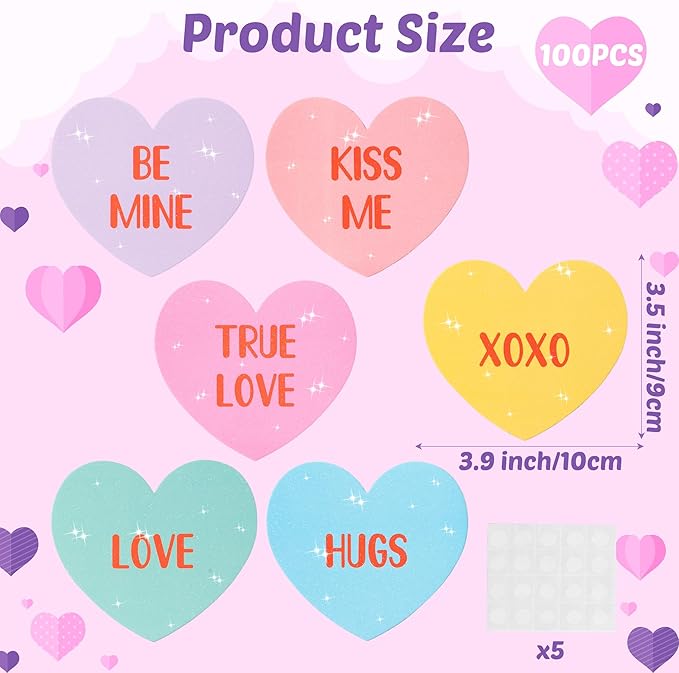 Valentine's Day Conversation Heart Glitter Cutouts 100Pcs Valentine