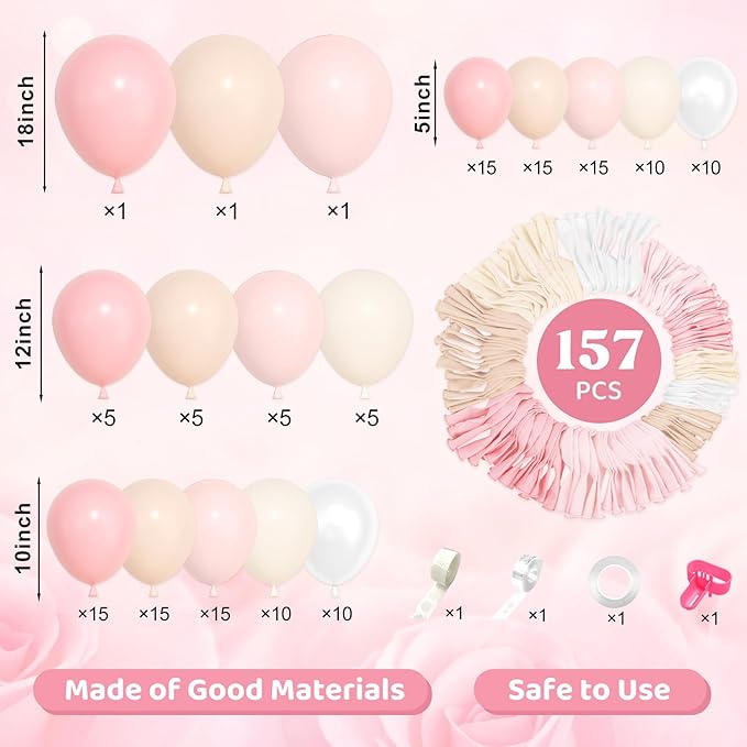 Ouddy Life 157 Pcs Pink Balloons Arch Garland Kit, Light Pastle Pink