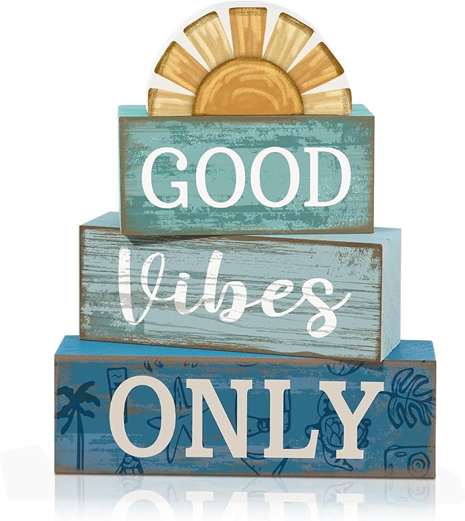 4 Pcs Beach Themed Table Decor Good Vibes Only Wood Block Sign