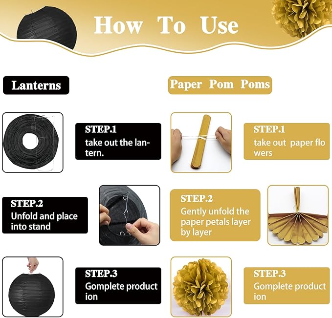14PCS Black and Gold Party Decorations, Tissue Paper Pom Poms, Paper