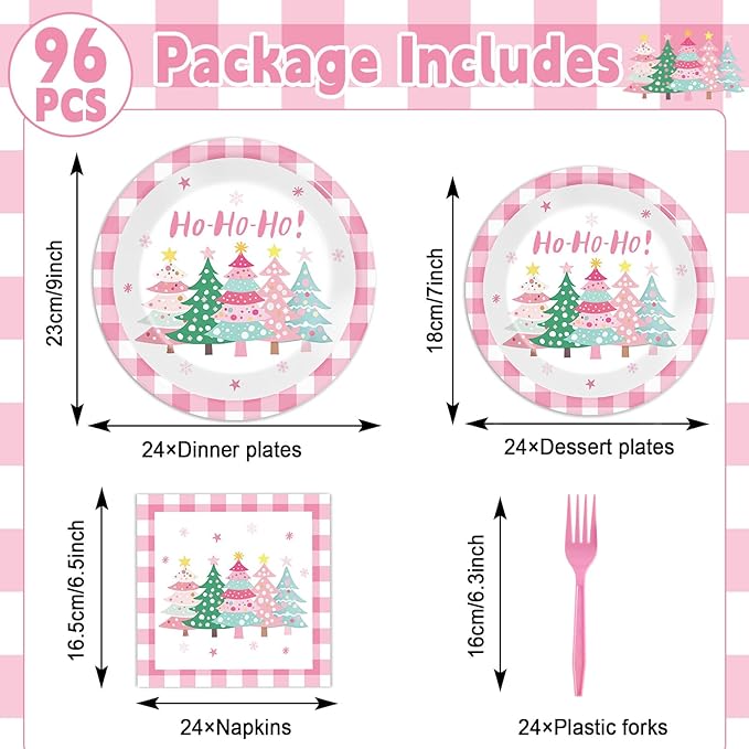96Pcs Pink Christmas Trees Paper Plates and Napkins Xmas Watercolor