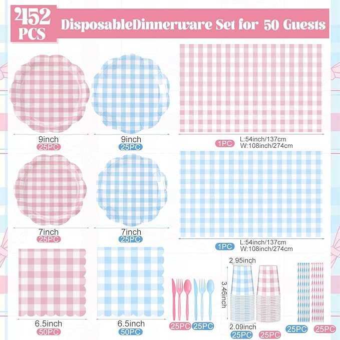Funnymoom 452 Pcs Gender Reveal Gingham Party Decoration for 50, Pink
