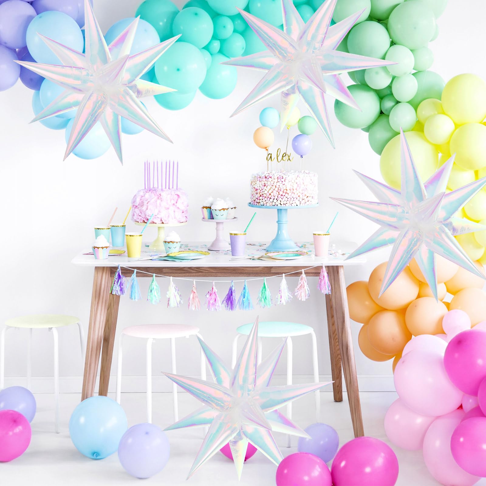 74 PCS Iridescent Star Balloons Foil, 26 Inch Explosion Cone Balloons