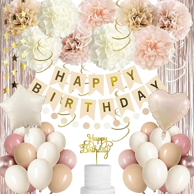 Beige Boho Birthday Decorations for Girls Women Happy Birthday