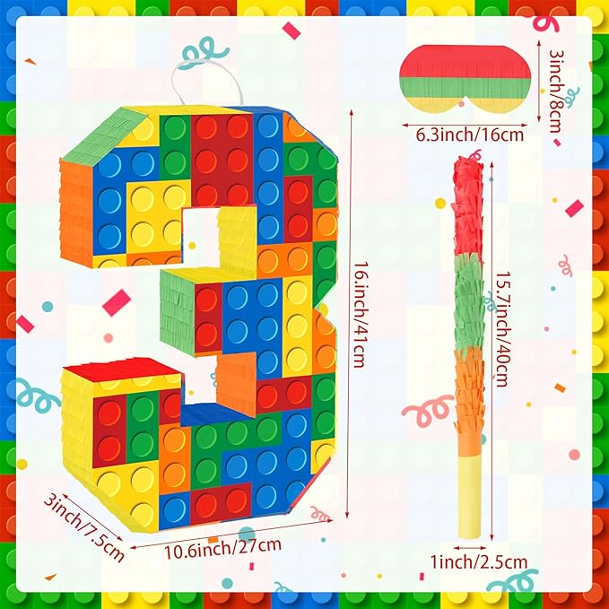 Building Blocks 3rd Birthday Party Decorations Number 3 Pinata with