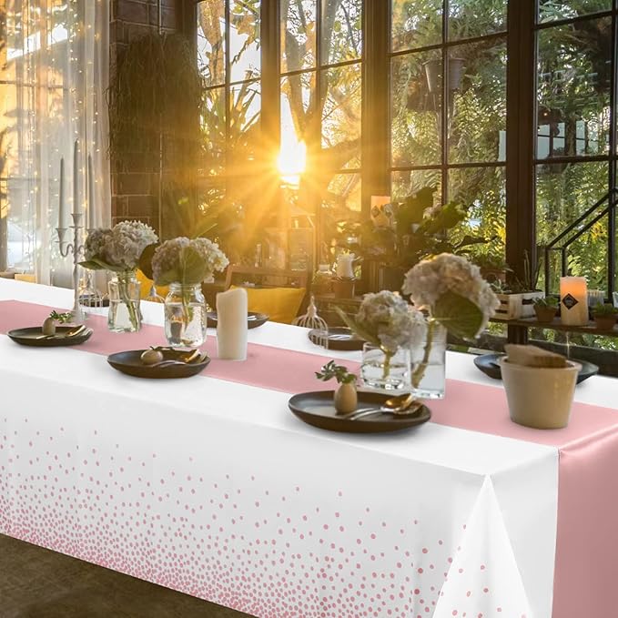 Disposable Plastic Tablecloth (White and Rose Gold Dot) And Satin