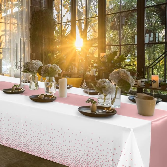 12 Pack Disposable Plastic Tablecloths and Satin Table Runner Set