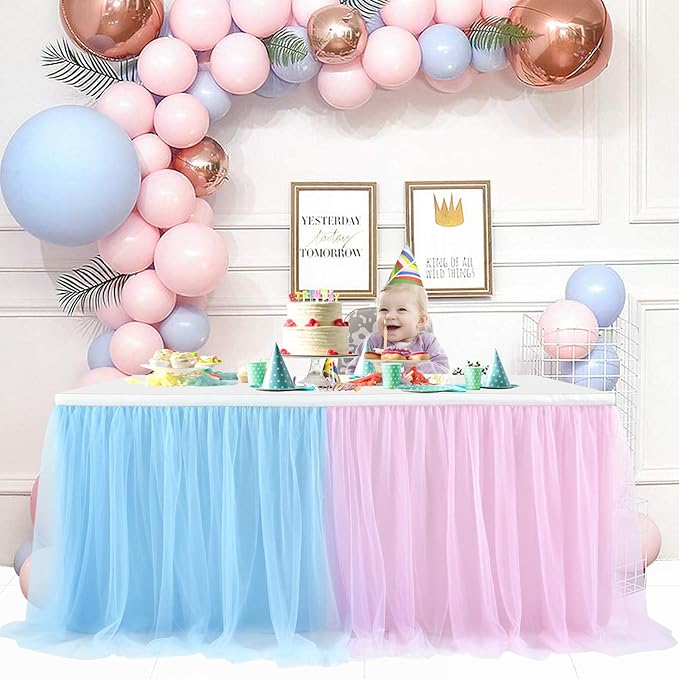 9ft Pink and Blue Gender Reveal Table Skirt Tulle Tutu Table Clothes