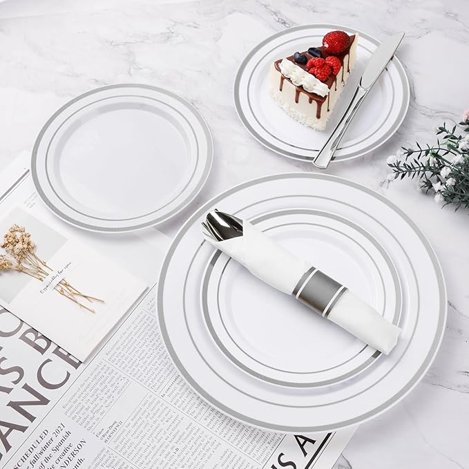 BESTVIP 175PCS Silver Plastic Dinnerware Set, Disposable Party Plates
