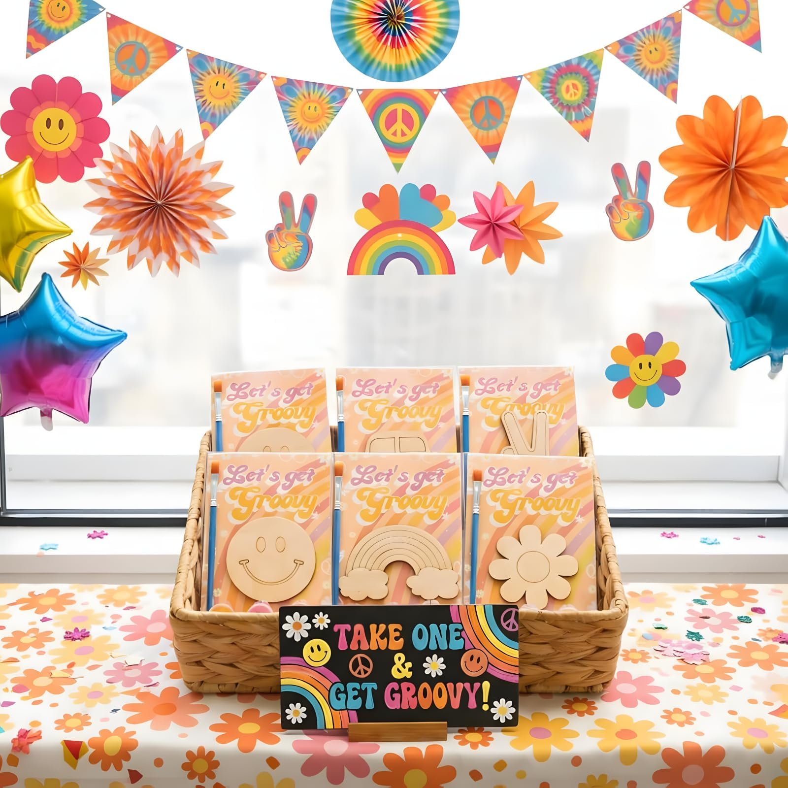 BOIKOKY 12 Pack Pre-Packaged Groovy Party Favors, Wooden Retro Cutouts