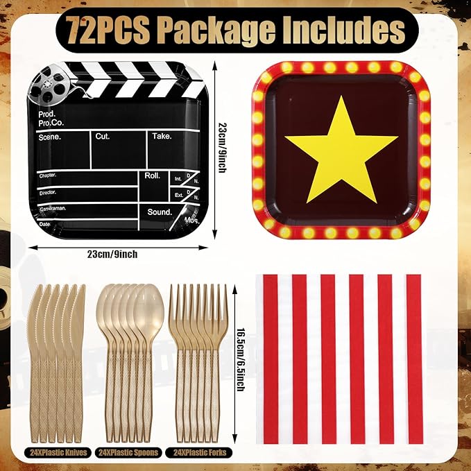 72 Pcs Movie Night Party Supplies Paper Plates Napkins Forks