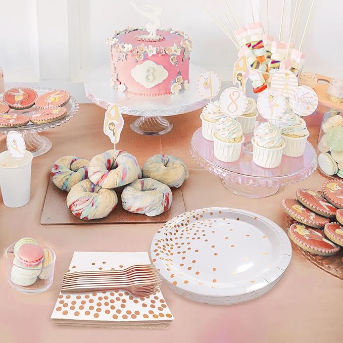 Serves 35 Guests White and Rose Gold Party Supplies,White and Rose