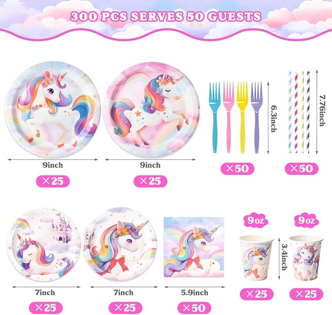 300 Pcs Unicorn Plates and Napkins Tableware Set Plates Napkins Cups