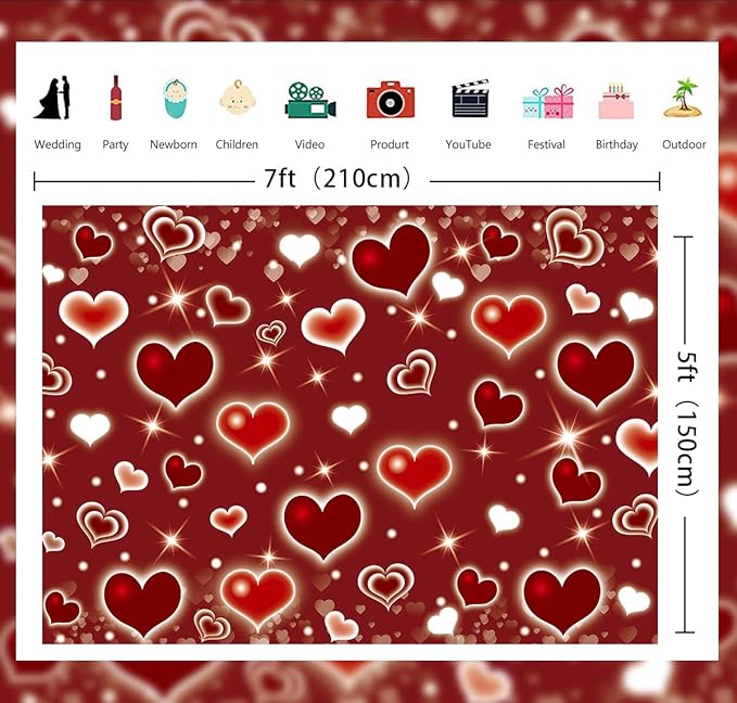 Red Heart Party Backdrop 8x6FT Valentine's Day Photography