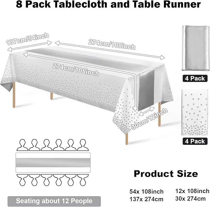 8Pack Disposable Plastic Tablecloths and Satin Table Runner Set White