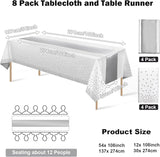 8Pack Disposable Plastic Tablecloths and Satin Table Runner Set White