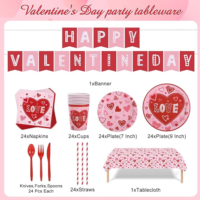 Valentine's Day Heart Love Disposable Tableware Set 194 Pcs Serves