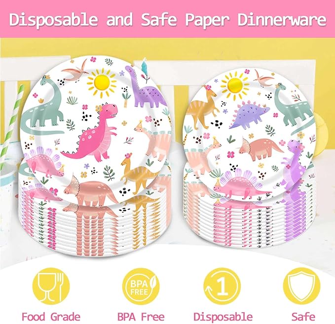 Pastel Dinosaur Plates and Napkins Girl Dino Pink & Purple Three Rex