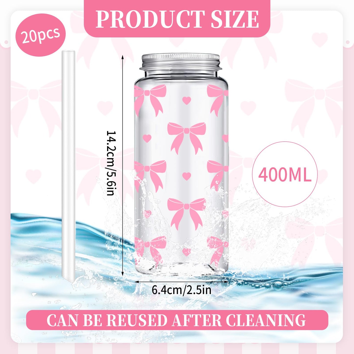Whaline 20Pcs Coquette Pink Bow Plastic Cups with Lids and Straws