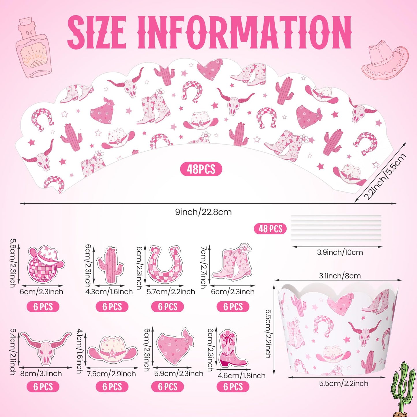 Widecook 96 Pcs Cowgirl Cupcake Toppers and Wrappers Western Cowgirl