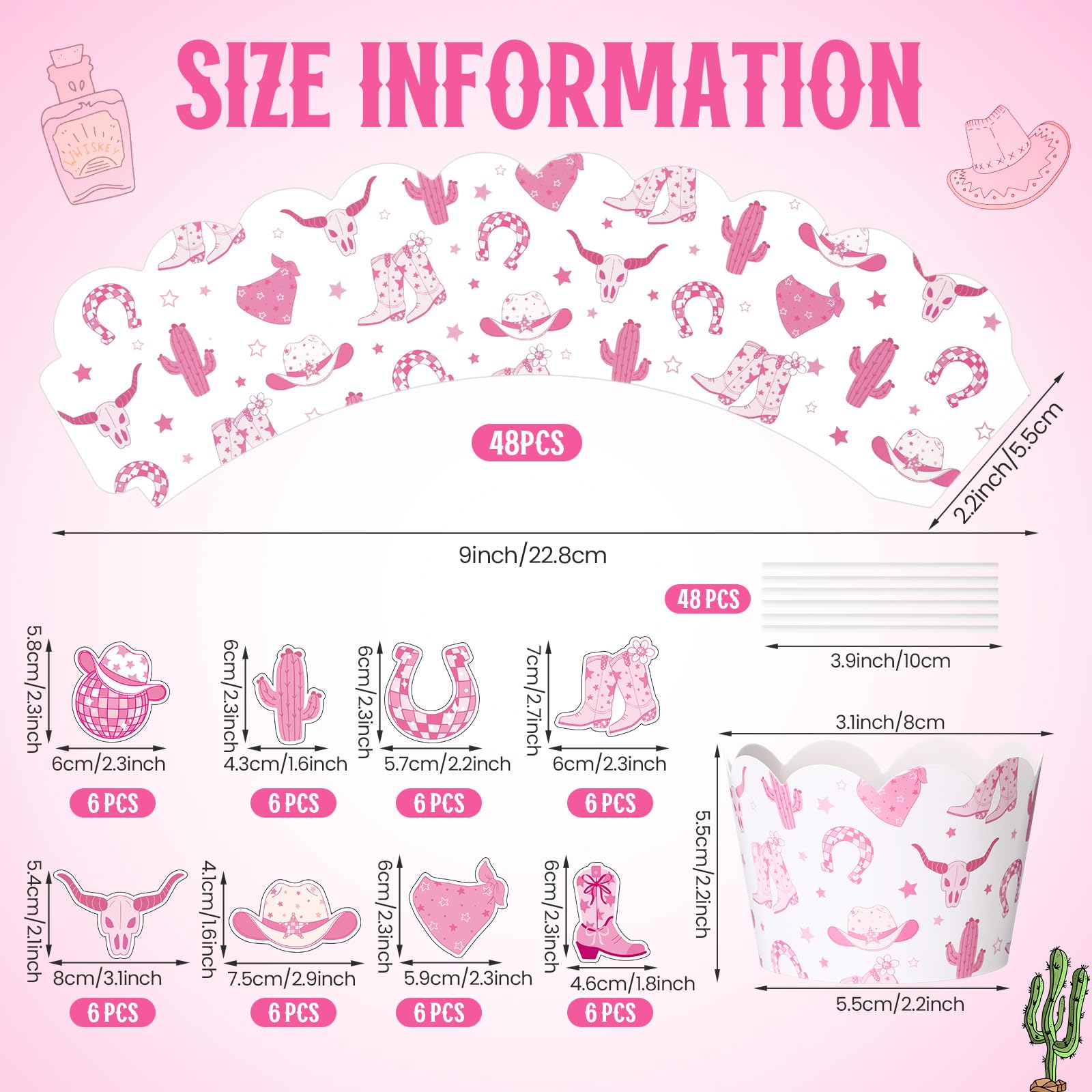 Widecook 96 Pcs Cowgirl Cupcake Toppers and Wrappers Western Cowgirl
