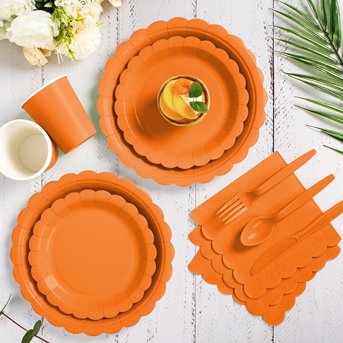 Vyntra 350 Pcs Orange Disposable Paper Plates and Napkins Set for 50,