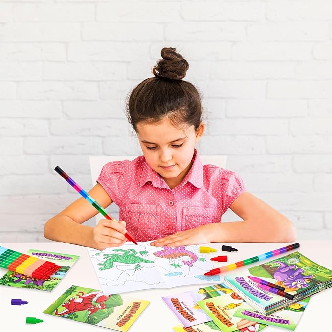 12 Dinosaur Mini Coloring Books Kids with 12 Stacking Crayons Dino