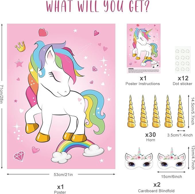 ASTARON Pin The Horn on The Unicorn Birthday Party Game with 30 Horns