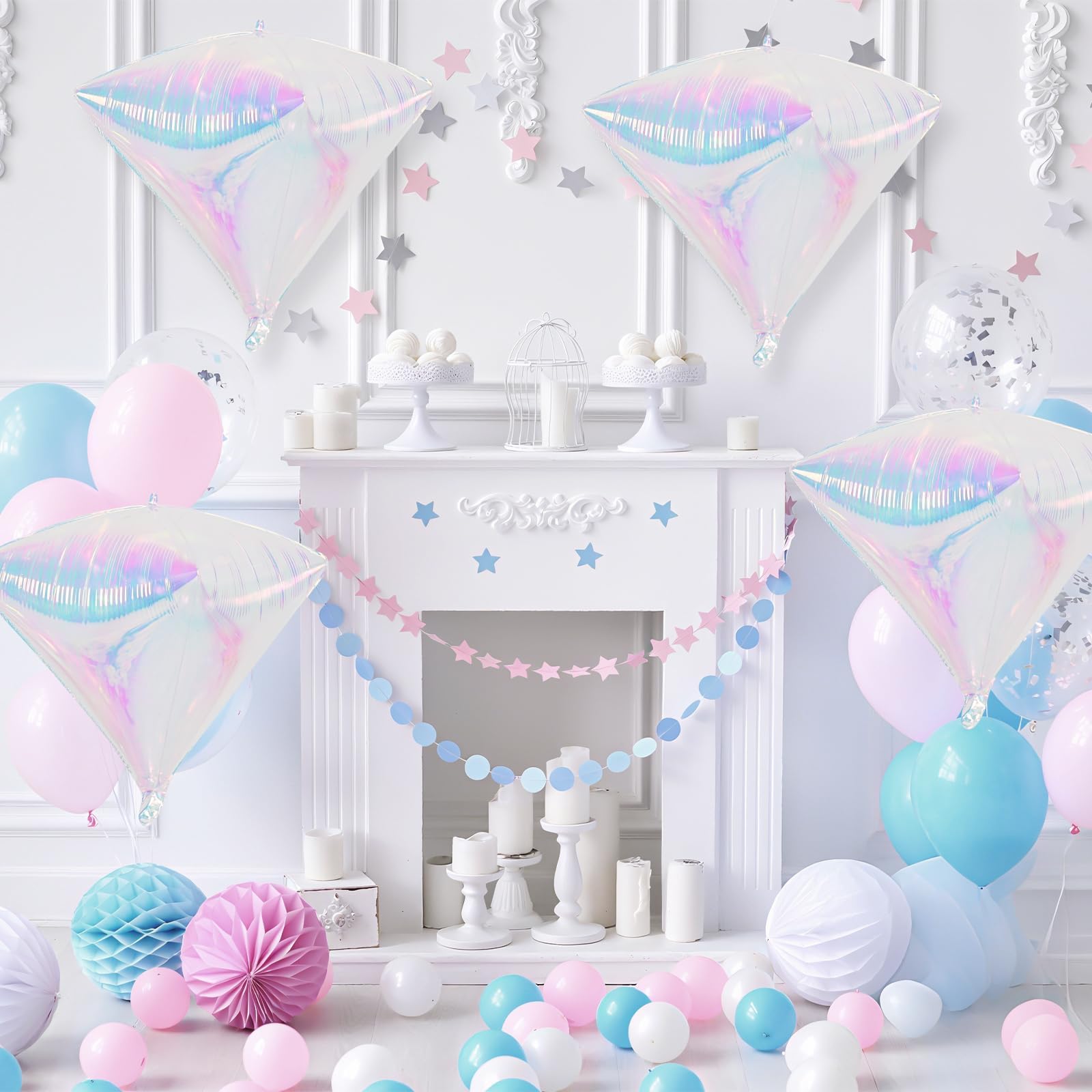 Iridescent Diamond Balloons 4 pcs,Transparent Foil Diamond Balloon for