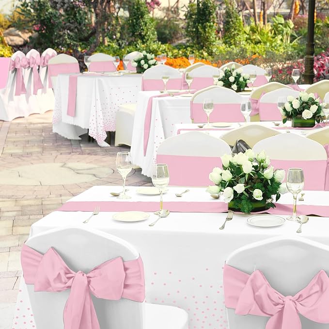 8Pack Disposable Plastic Tablecloths and Satin Table Runner Set White