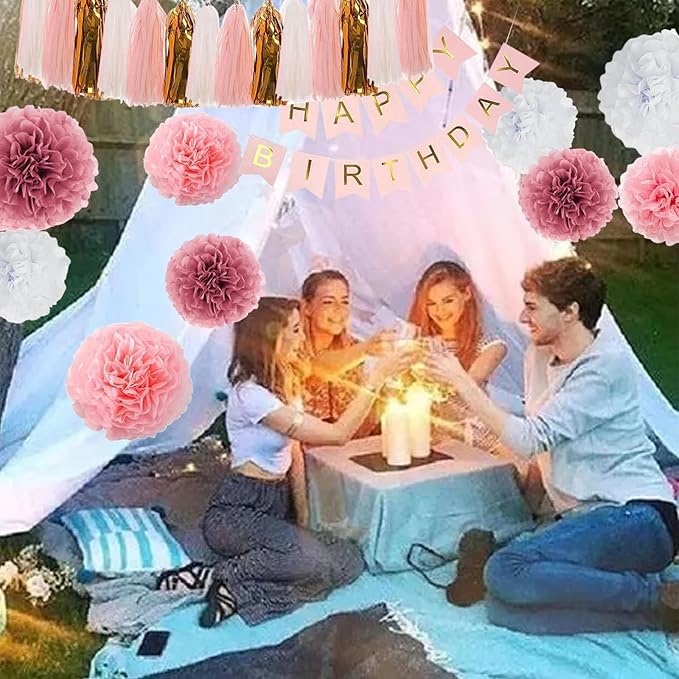 Pink Gold Birthday Party Decorations Set, pink Gold Glittery Happy