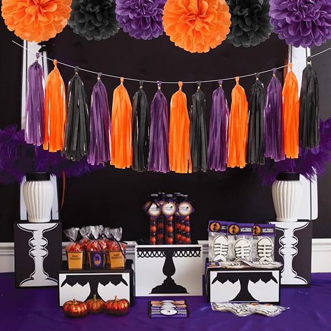 Black Purple Orange Halloween Party Decorations 23pcs Tissue Pom