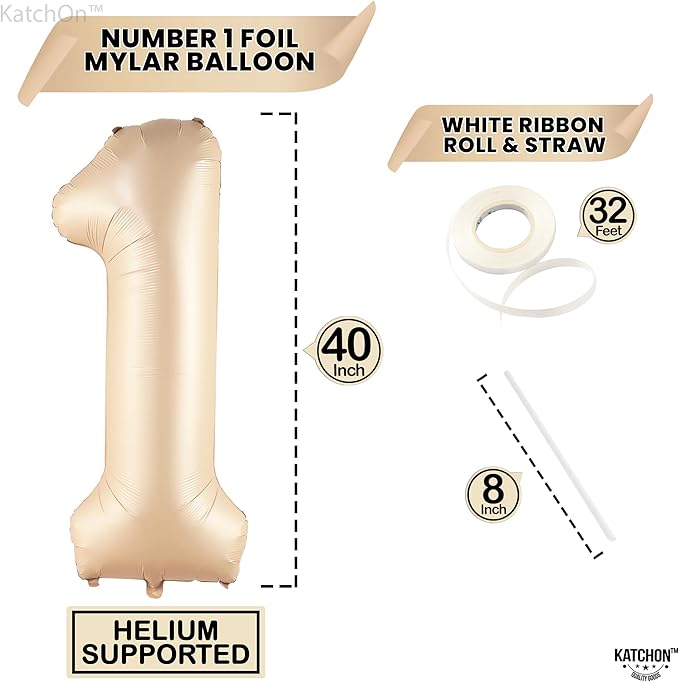 KatchOn, Giant 1 Balloon Number - 40 Inch Beige | Number One Balloon