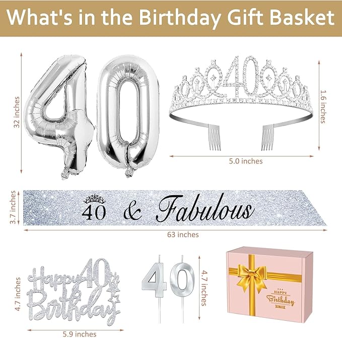 40th Birthday Decorations Women Silver with 40th Birthday Sash and
